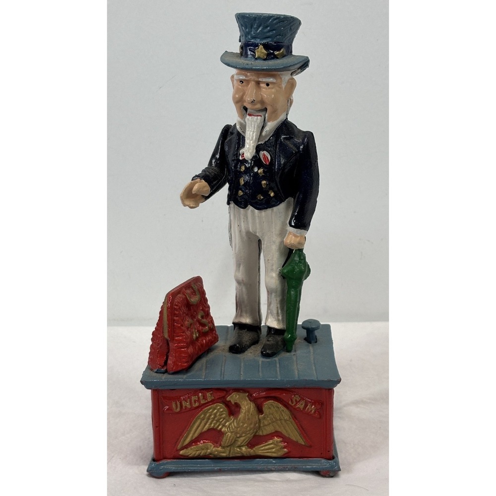 VINTAGE UNCLE SAM MECHANICAL PIGGY BANK CAST IRON WORKS Americana Patriotic READ